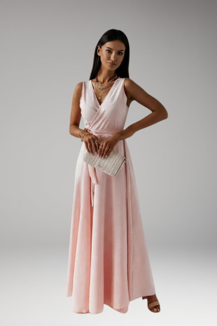 Women's Solid Color V-Neck Long Dress with Elegant Silhouette