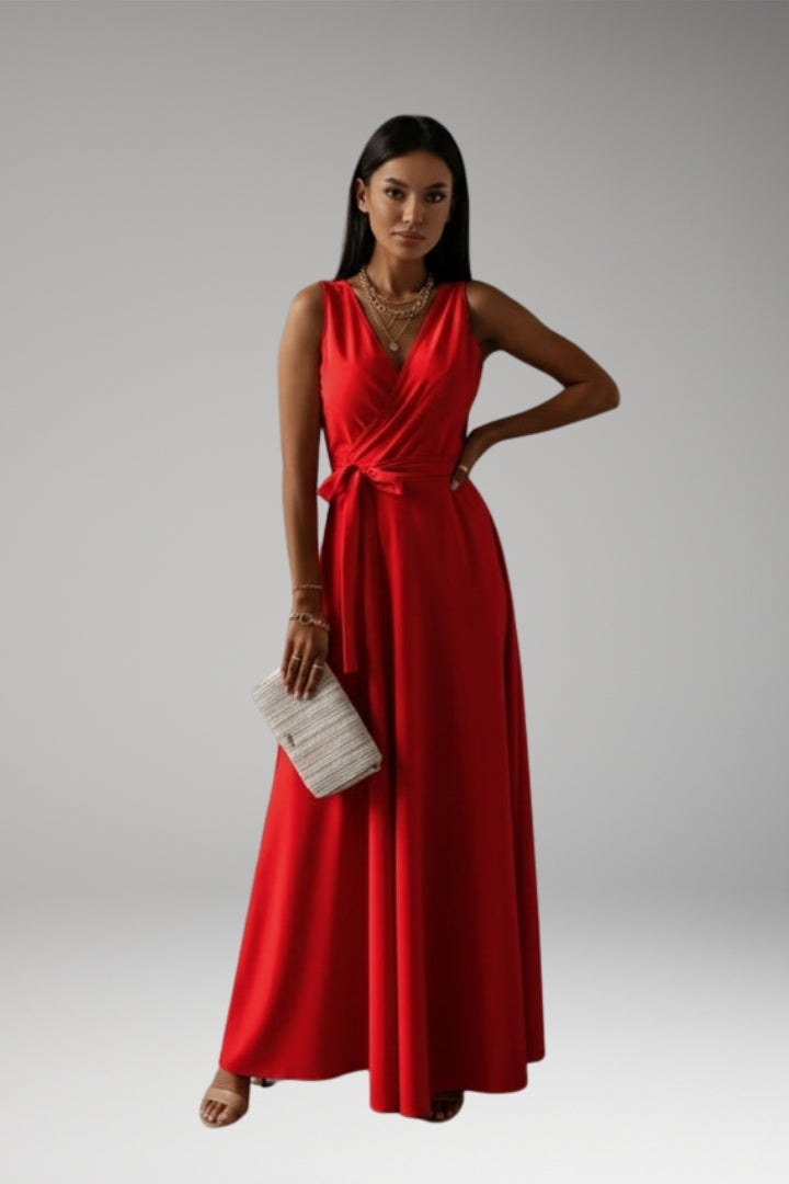 Women's Solid Color V-Neck Long Dress with Elegant Silhouette