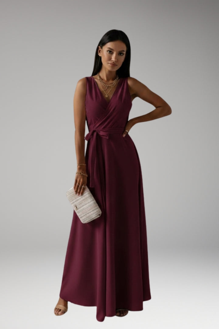Women's Solid Color V-Neck Long Dress with Elegant Silhouette