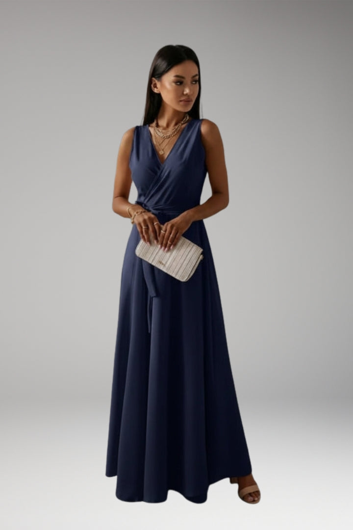 Women's Solid Color V-Neck Long Dress with Elegant Silhouette