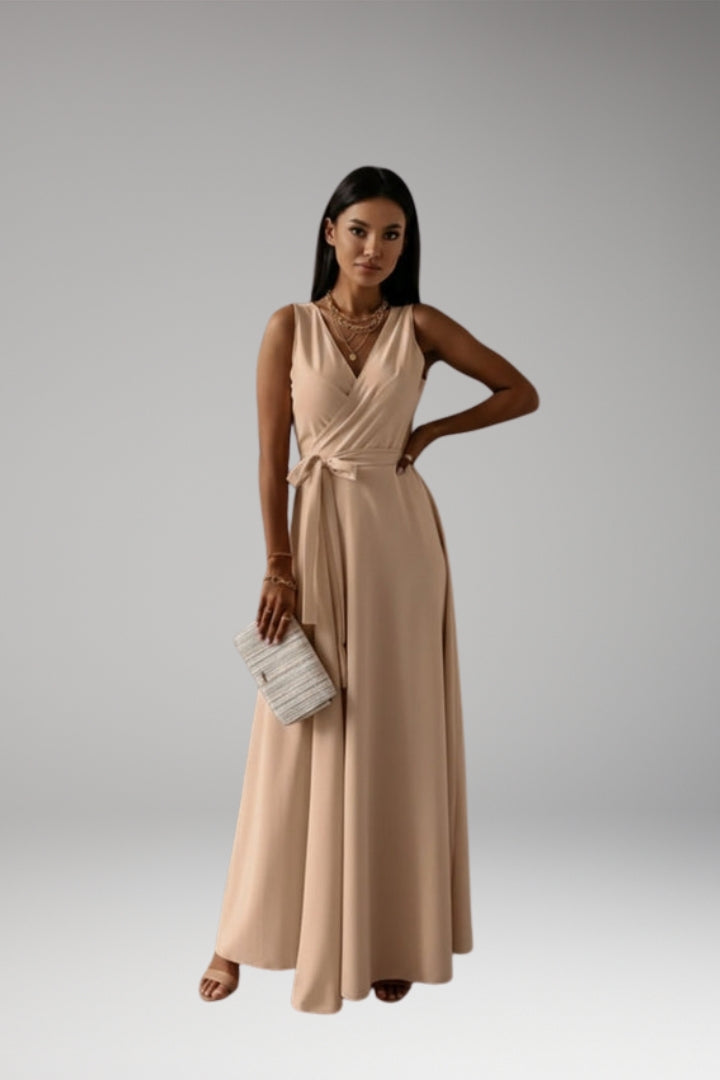 Women's Solid Color V-Neck Long Dress with Elegant Silhouette