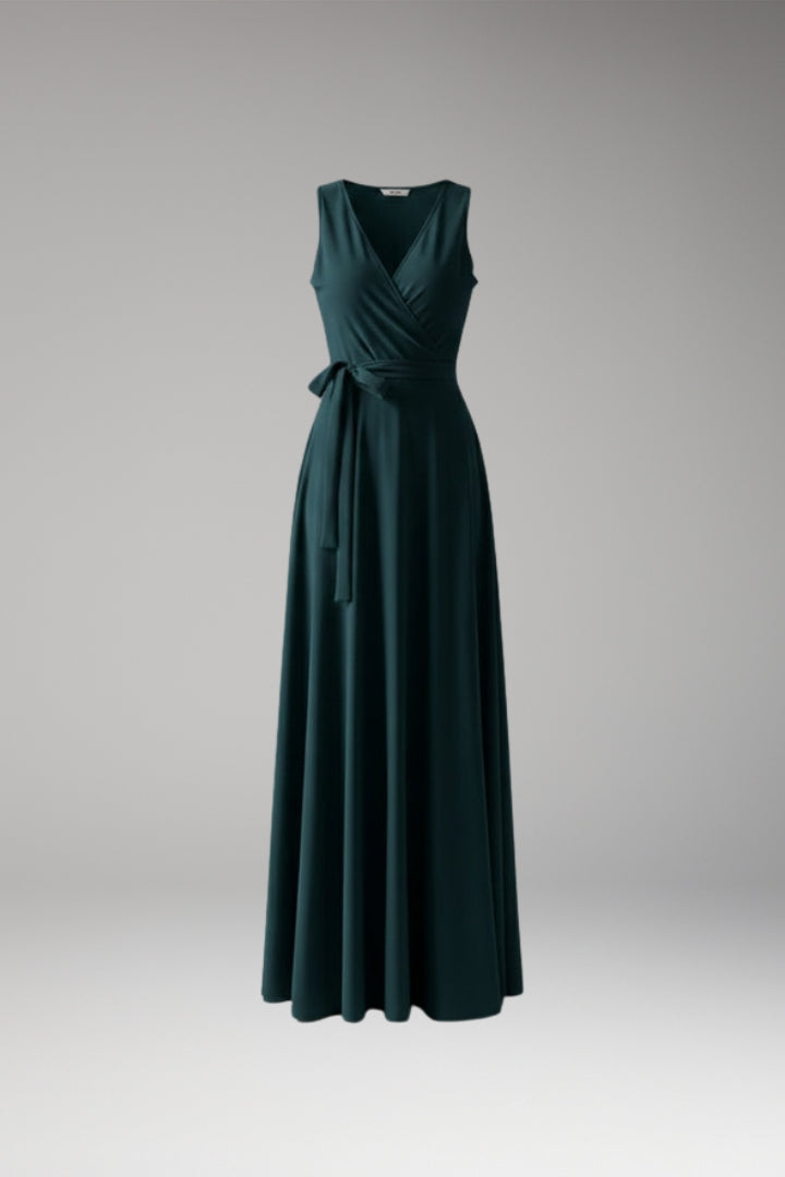 Women's Solid Color V-Neck Long Dress with Elegant Silhouette