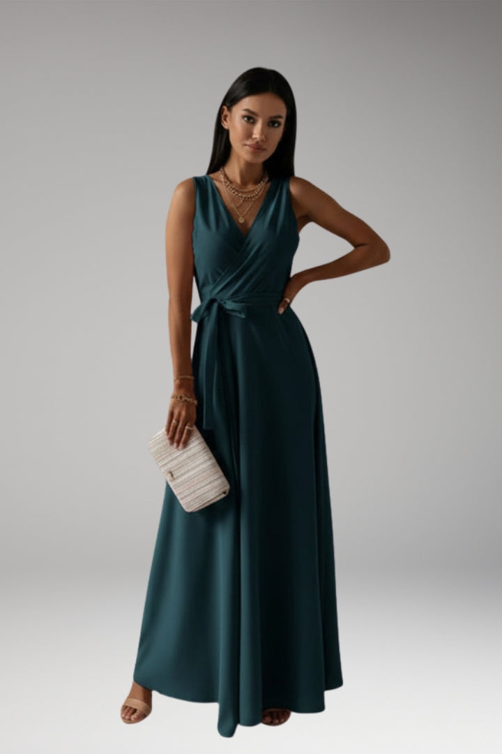 Women's Solid Color V-Neck Long Dress with Elegant Silhouette