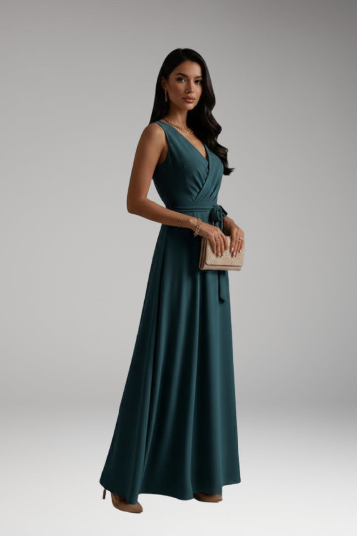 Women's Solid Color V-Neck Long Dress with Elegant Silhouette