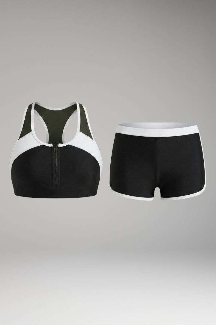 Women's Split Bikini with Zipper Front and High-Waisted Shorts