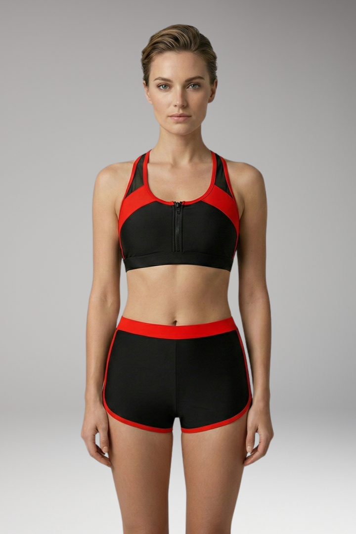 Women's Split Bikini with Zipper Front and High-Waisted Shorts