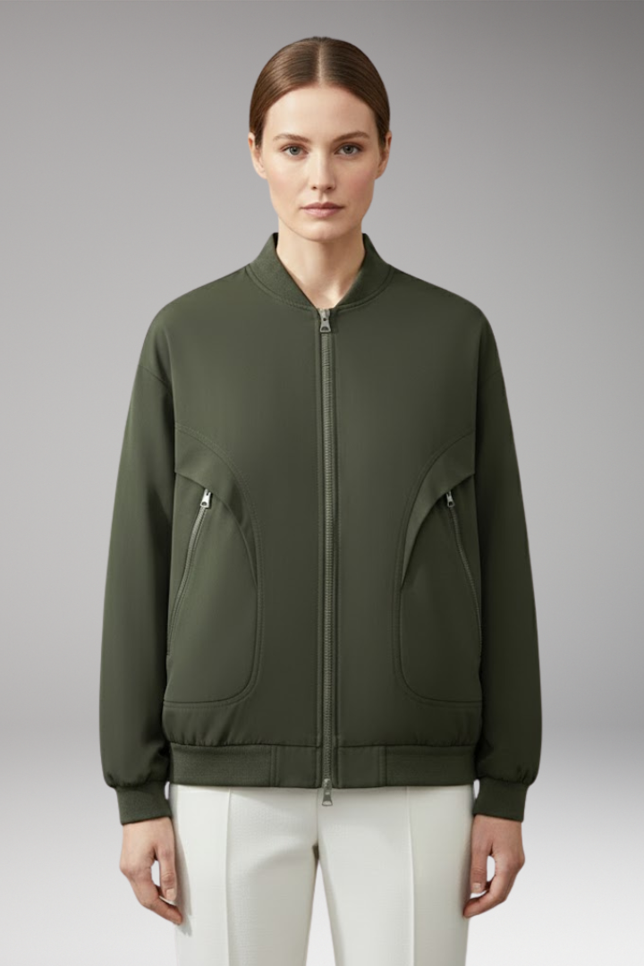Women's Sporty Bomber Jacket with Zipper Pockets and Elastic Cuffs