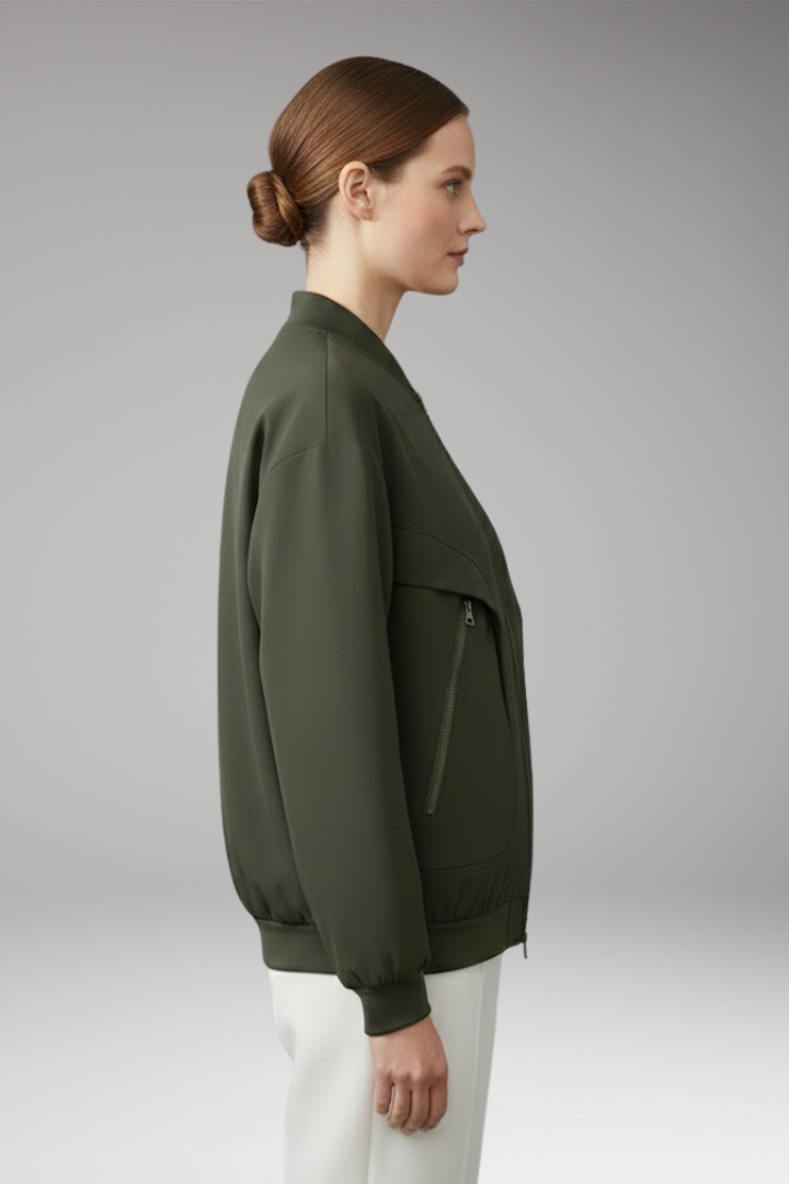 Women's Sporty Bomber Jacket with Zipper Pockets and Elastic Cuffs