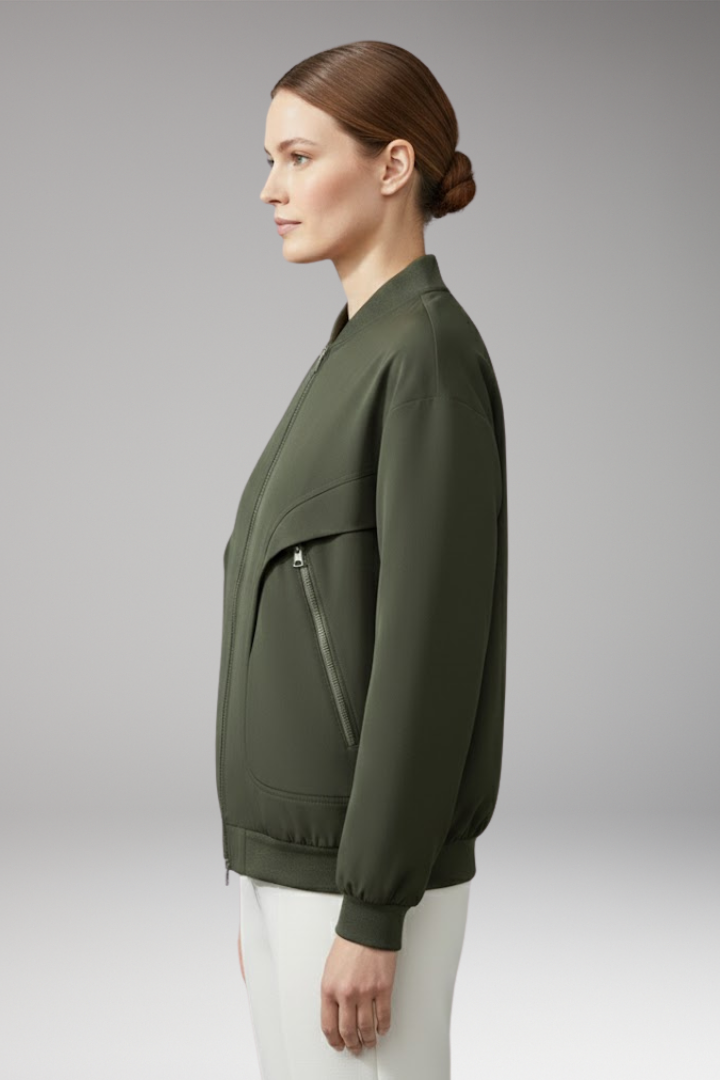 Women's Sporty Bomber Jacket with Zipper Pockets and Elastic Cuffs