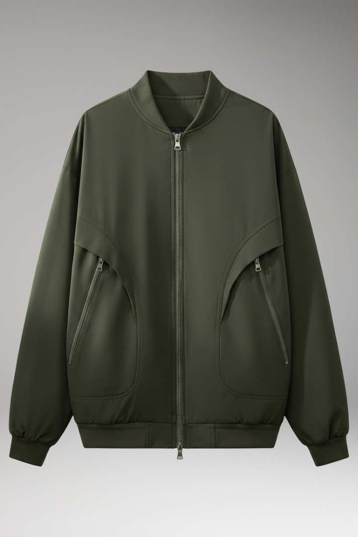 Women's Sporty Bomber Jacket with Zipper Pockets and Elastic Cuffs