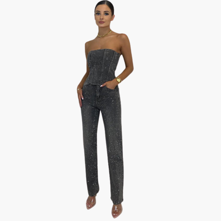 Women’s Strapless Glitter Jumpsuit with Straight Leg