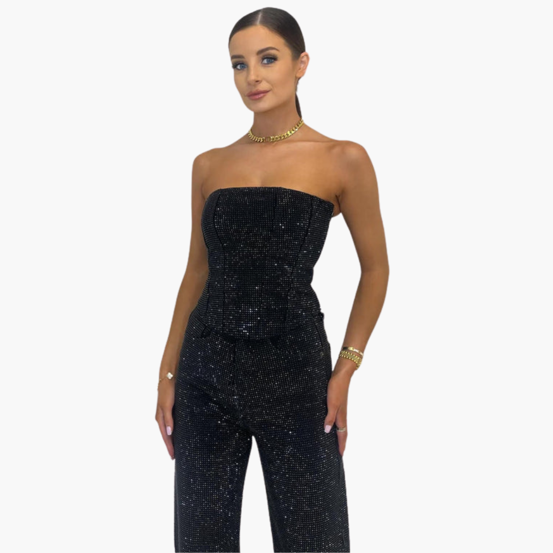 Women’s Strapless Glitter Jumpsuit with Straight Leg
