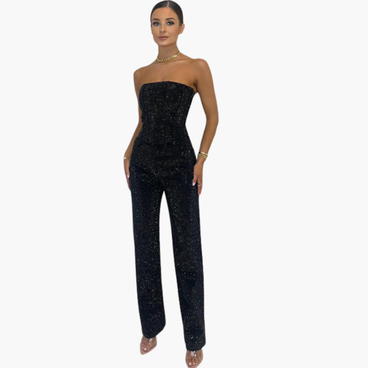 Women’s Strapless Glitter Jumpsuit with Straight Leg