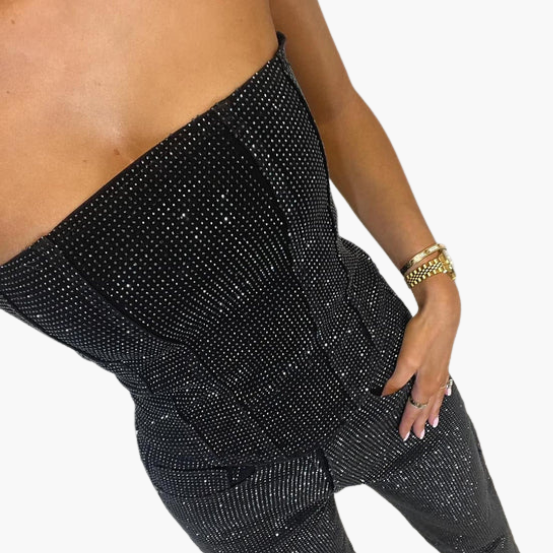 Women’s Strapless Glitter Jumpsuit with Straight Leg