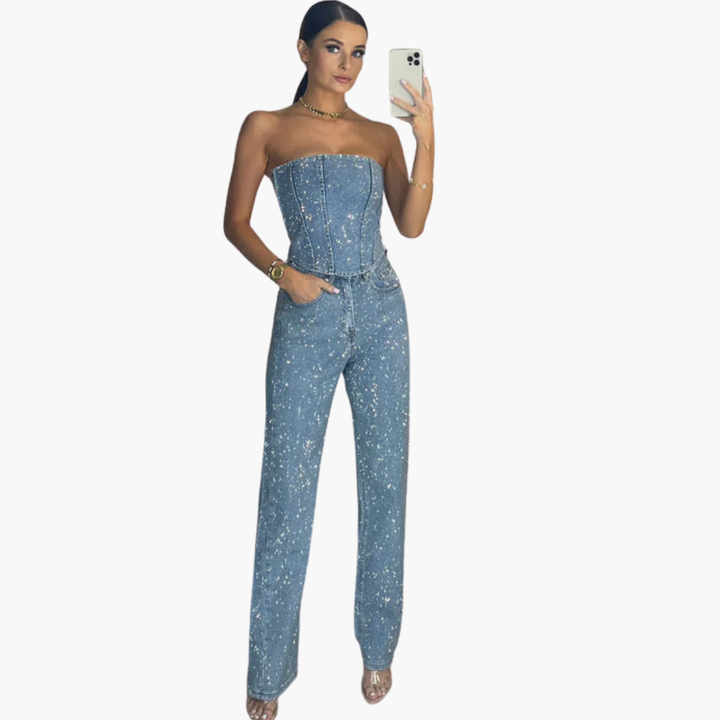 Women’s Strapless Glitter Jumpsuit with Straight Leg