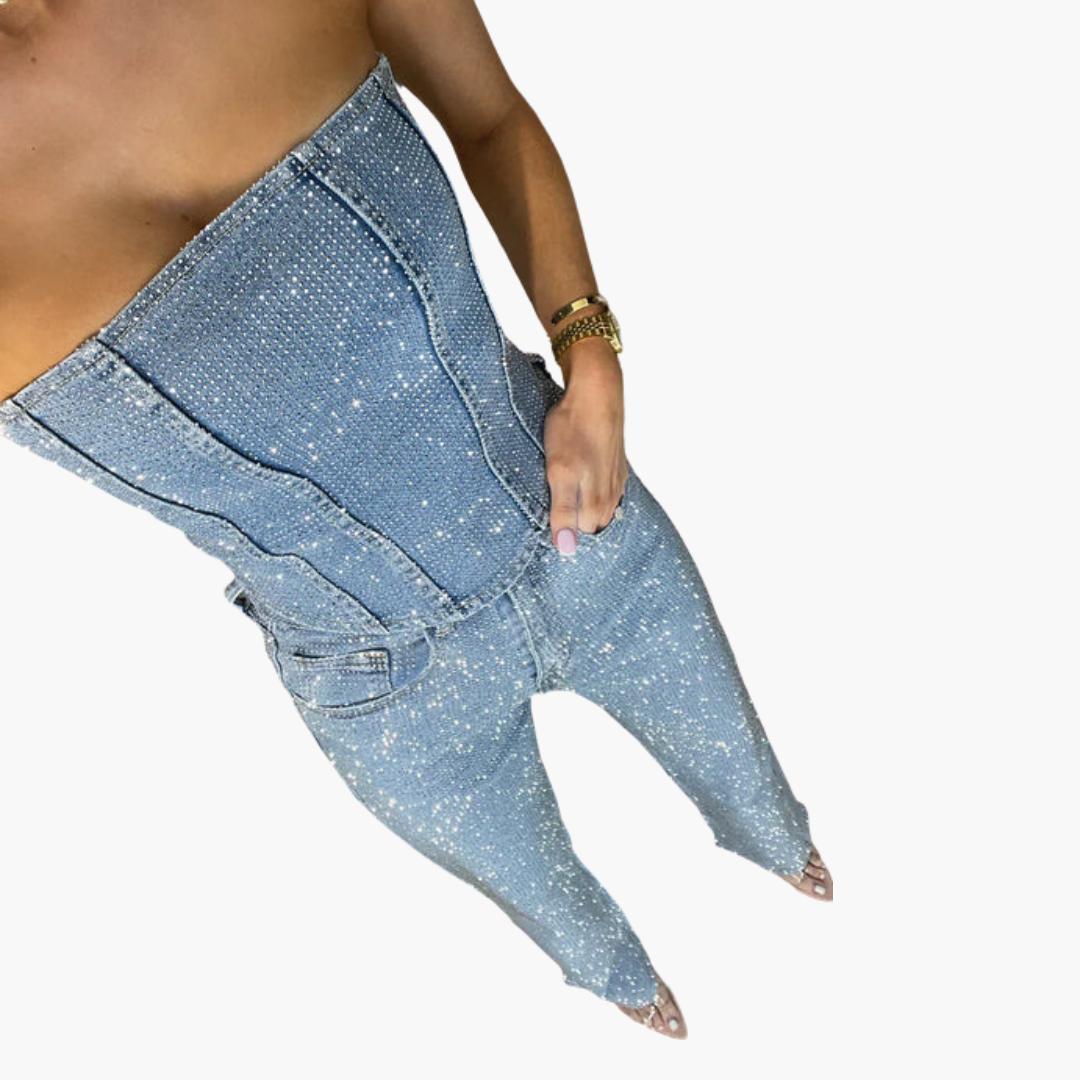 Women’s Strapless Glitter Jumpsuit with Straight Leg