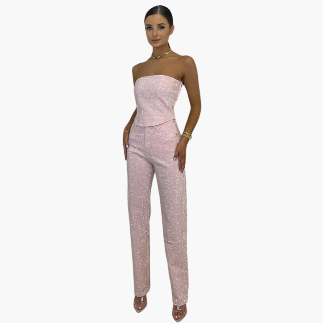 Women’s Strapless Glitter Jumpsuit with Straight Leg