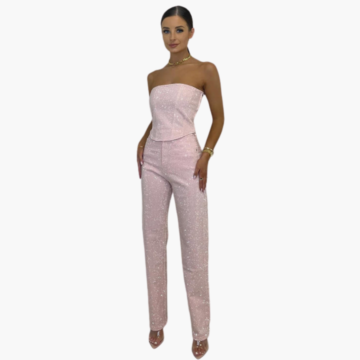 Women’s Strapless Glitter Jumpsuit with Straight Leg