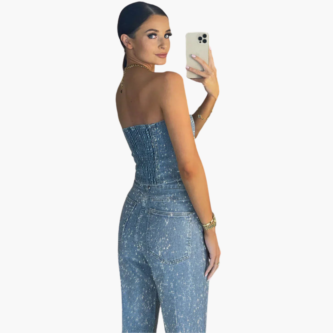 Women’s Strapless Glitter Jumpsuit with Straight Leg