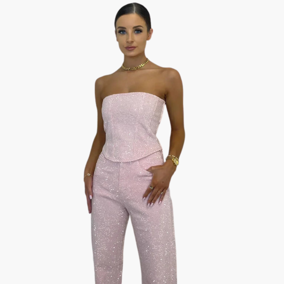 Women’s Strapless Glitter Jumpsuit with Straight Leg