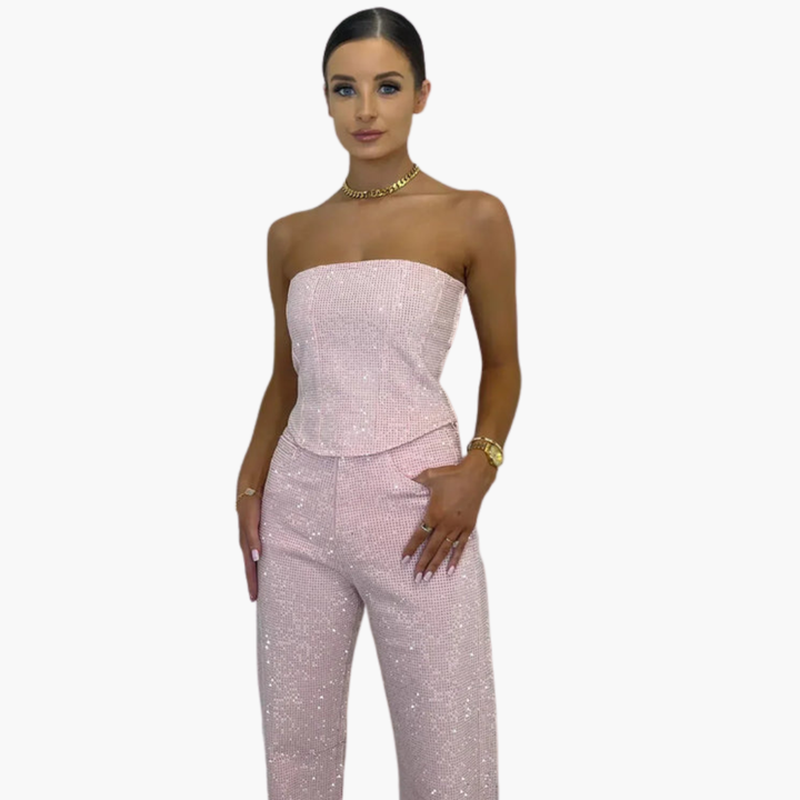 Women’s Strapless Glitter Jumpsuit with Straight Leg