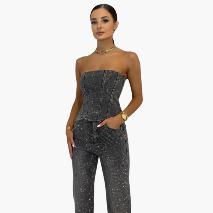 Women’s Strapless Glitter Jumpsuit with Straight Leg