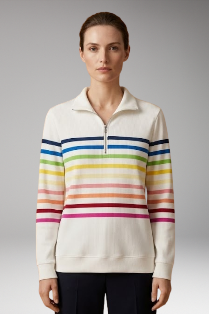Women's Striped Half-Zip Sweatshirt with Cotton-Blend Fabric and Stand Collar
