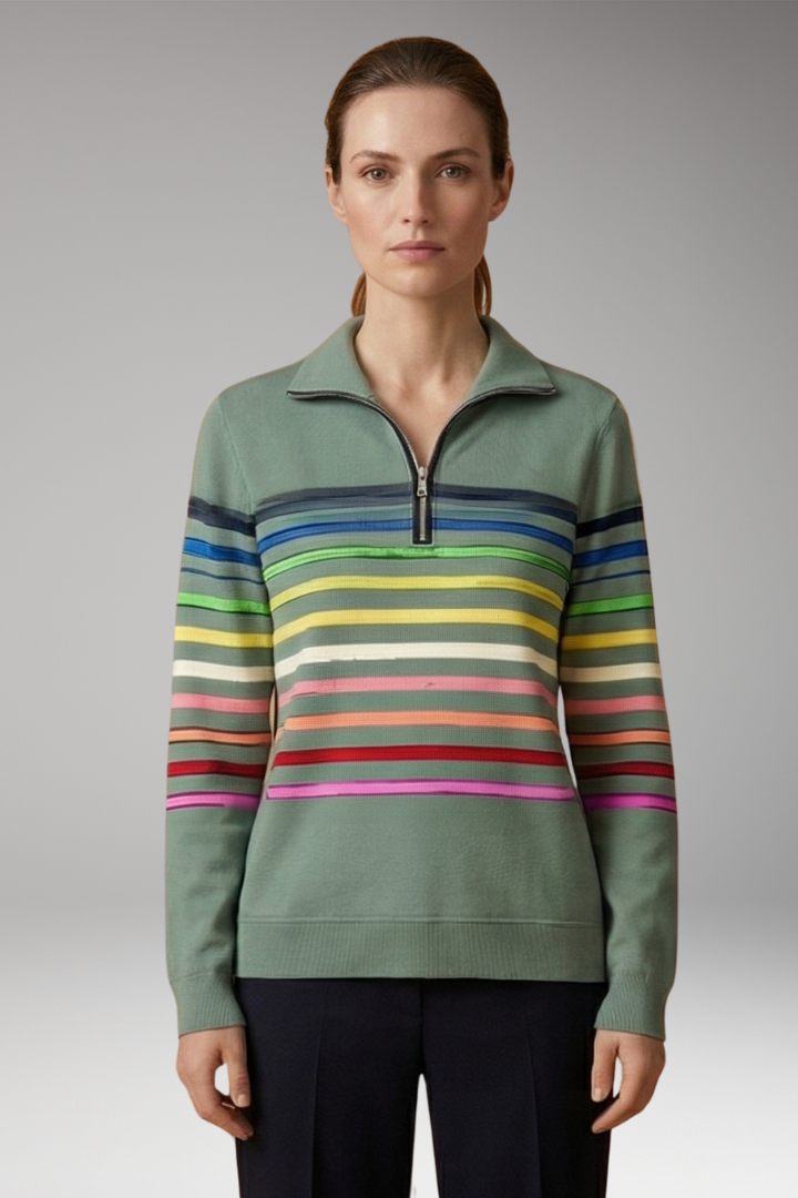 Women's Striped Half-Zip Sweatshirt with Cotton-Blend Fabric and Stand Collar