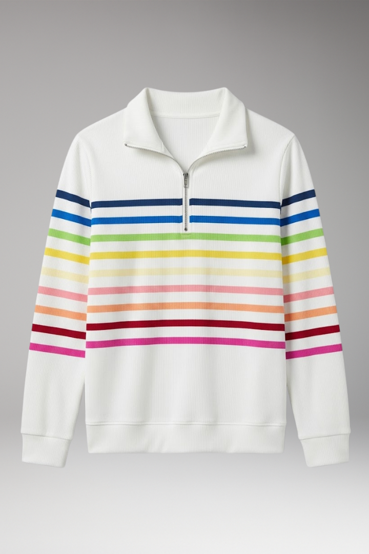 Women's Striped Half-Zip Sweatshirt with Cotton-Blend Fabric and Stand Collar