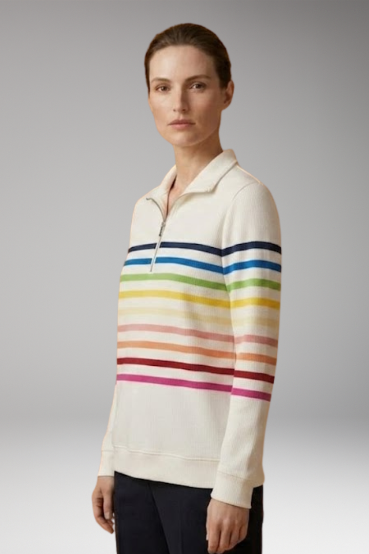 Women's Striped Half-Zip Sweatshirt with Cotton-Blend Fabric and Stand Collar