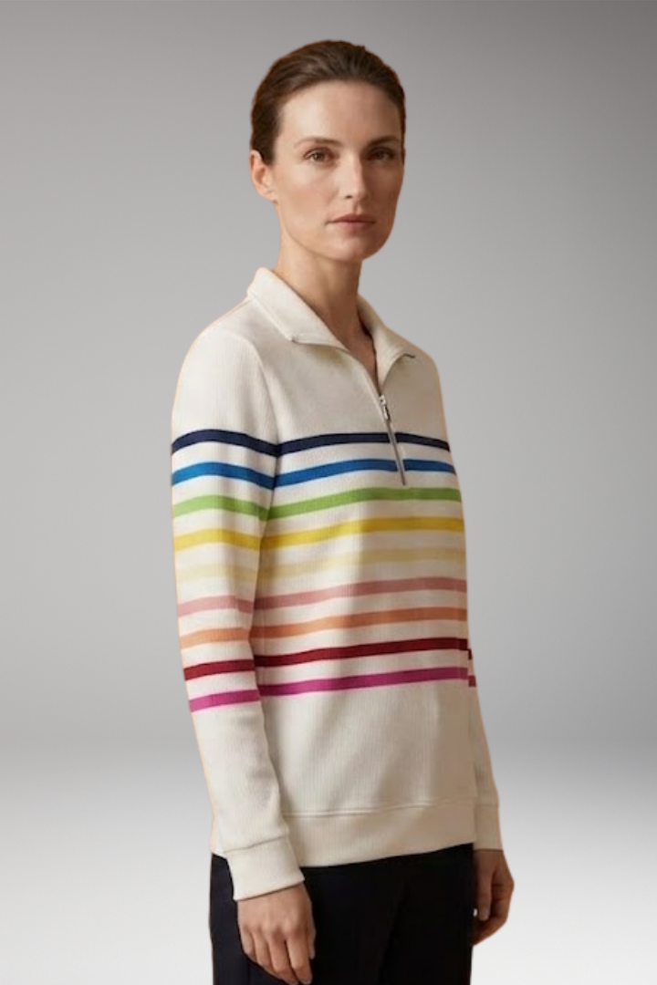 Women's Striped Half-Zip Sweatshirt with Cotton-Blend Fabric and Stand Collar