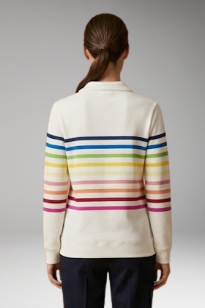 Women's Striped Half-Zip Sweatshirt with Cotton-Blend Fabric and Stand Collar