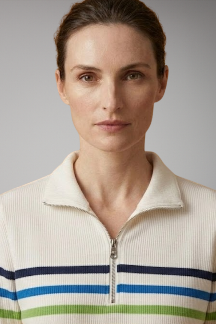 Women's Striped Half-Zip Sweatshirt with Cotton-Blend Fabric and Stand Collar