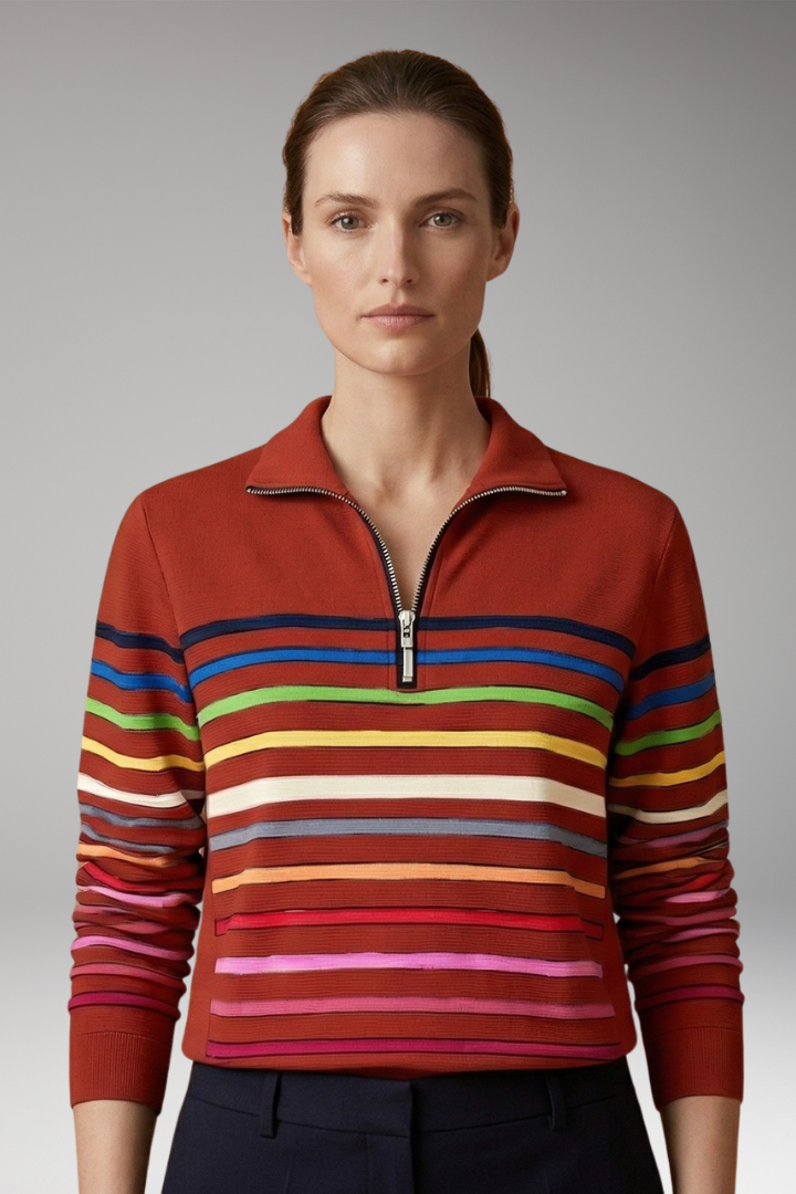 Women's Striped Half-Zip Sweatshirt with Cotton-Blend Fabric and Stand Collar