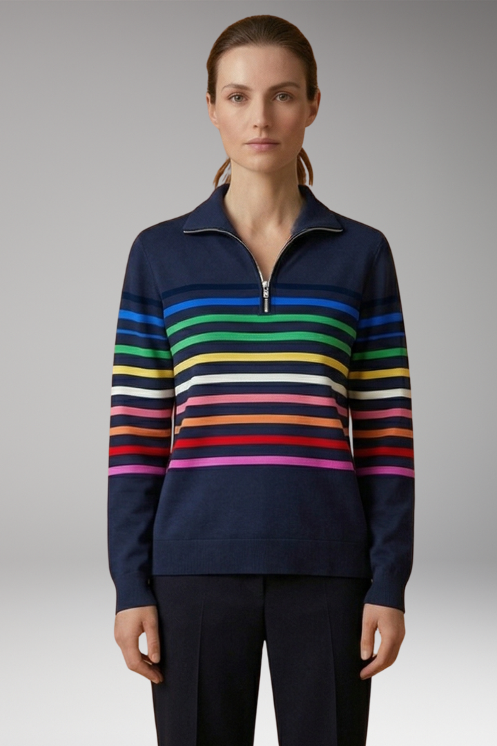 Women's Striped Half-Zip Sweatshirt with Cotton-Blend Fabric and Stand Collar