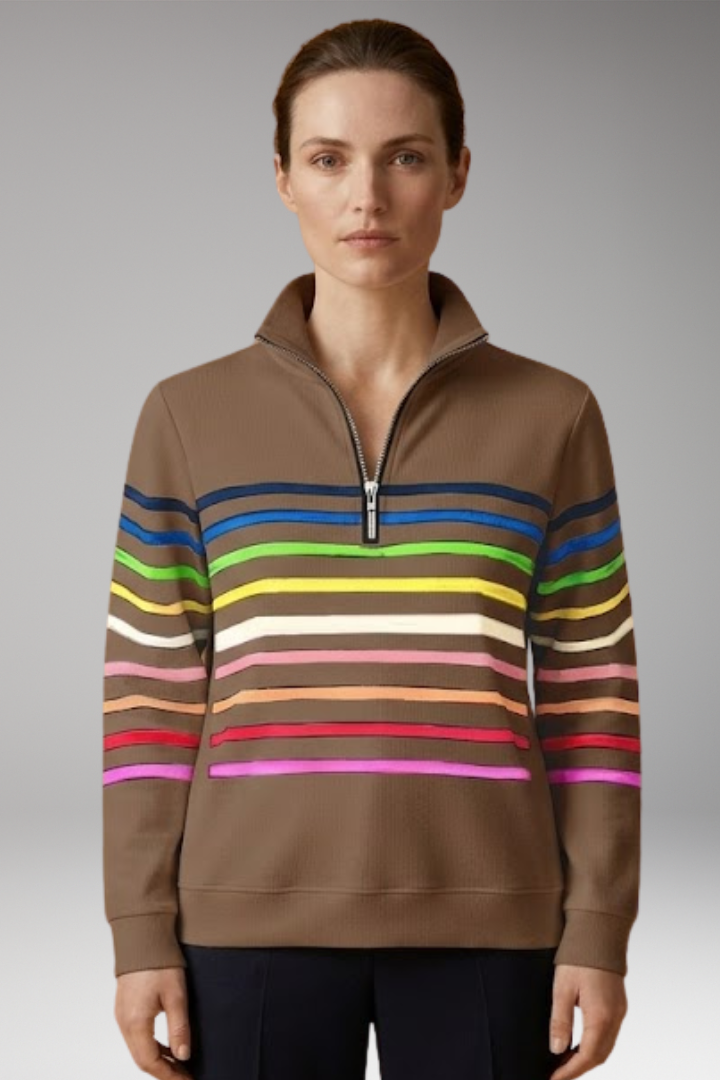 Women's Striped Half-Zip Sweatshirt with Cotton-Blend Fabric and Stand Collar