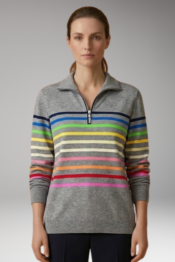 Women's Striped Half-Zip Sweatshirt with Cotton-Blend Fabric and Stand Collar