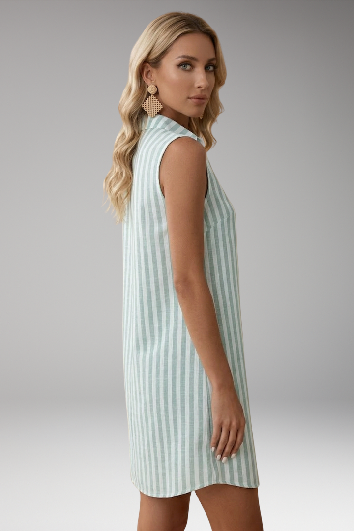 Women's Striped Shirt Dress with V-Neck and Sleeveless Design