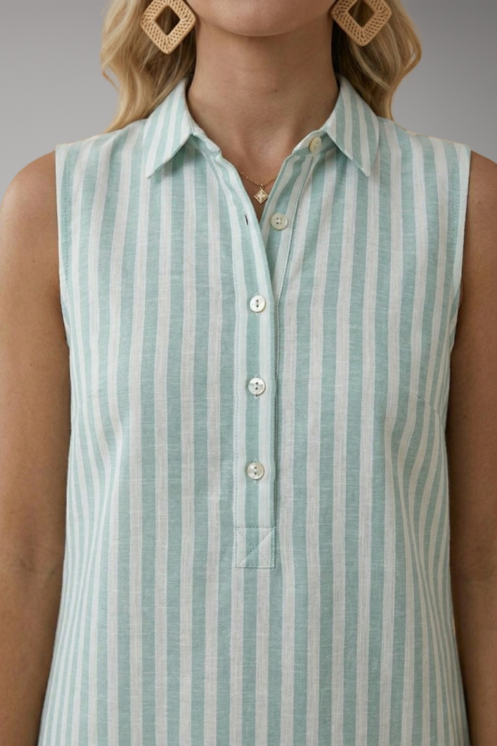 Women's Striped Shirt Dress with V-Neck and Sleeveless Design