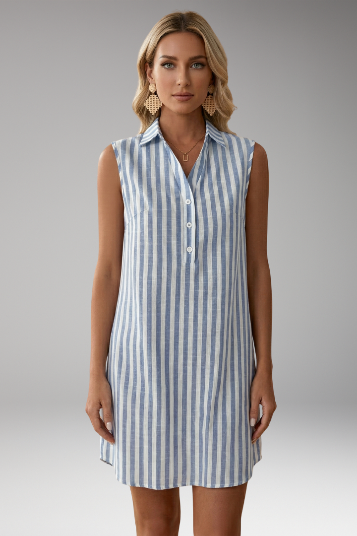 Women's Striped Shirt Dress with V-Neck and Sleeveless Design