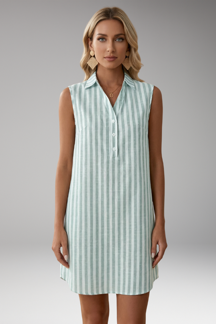 Women's Striped Shirt Dress with V-Neck and Sleeveless Design