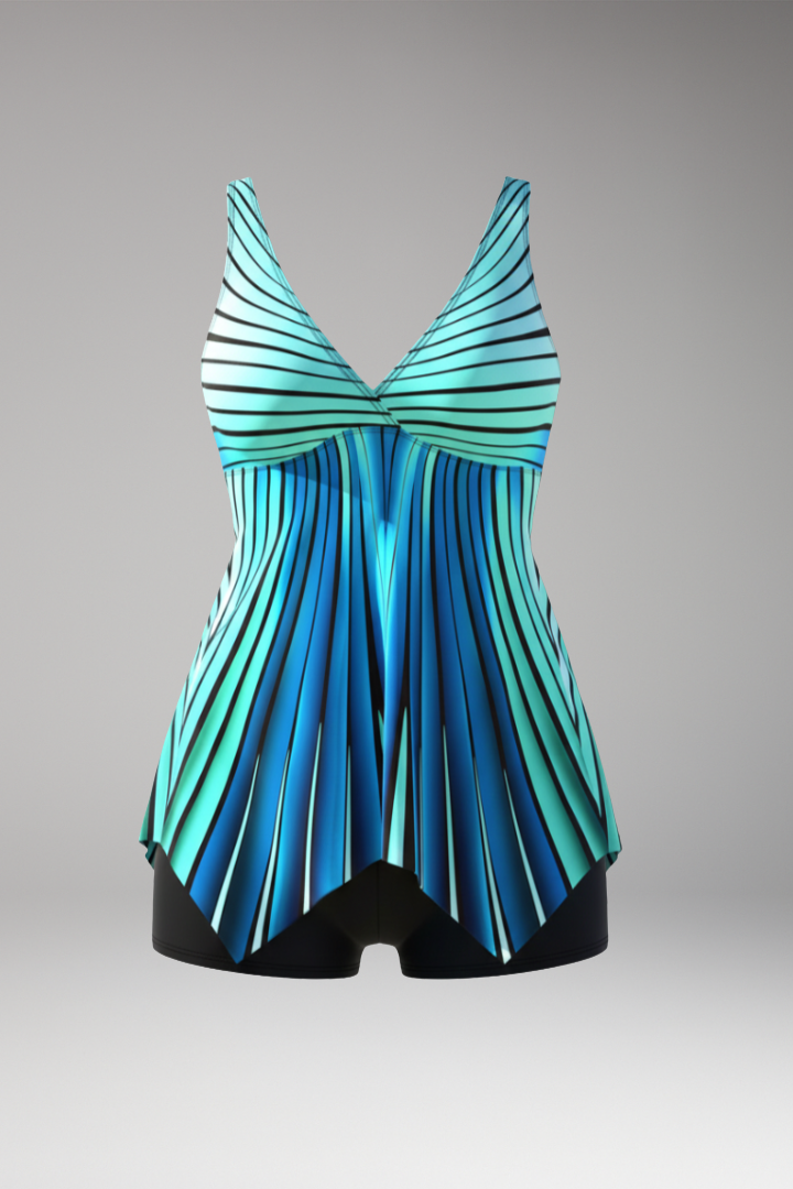 Women's Striped V-Neck Tankini with Flowing Bottom