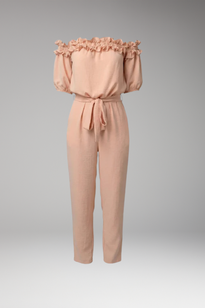 Women's Stylish Off-Shoulder Jumpsuit with Tie Waist and Pockets