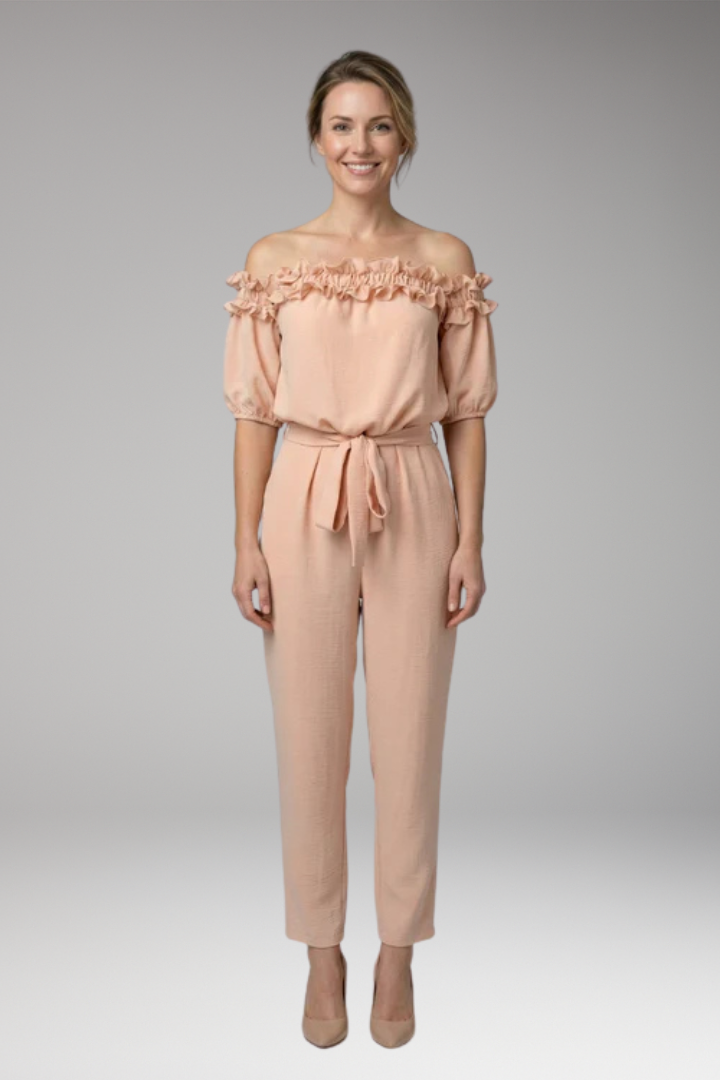 Women's Stylish Off-Shoulder Jumpsuit with Tie Waist and Pockets