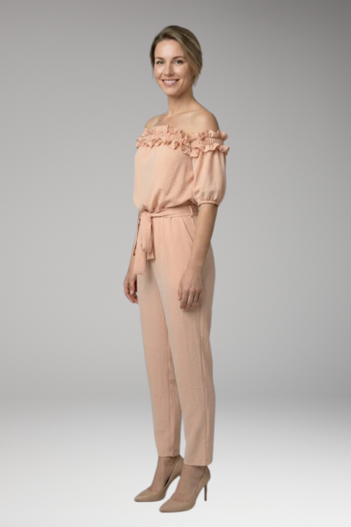 Women's Stylish Off-Shoulder Jumpsuit with Tie Waist and Pockets