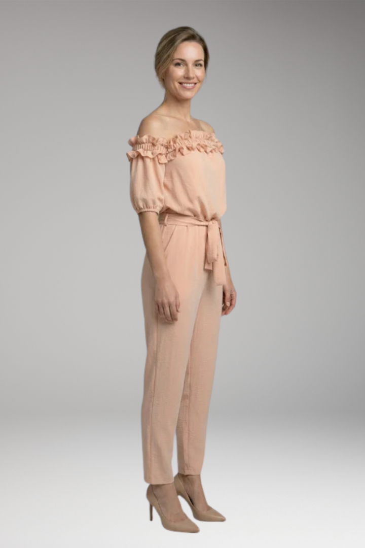 Women's Stylish Off-Shoulder Jumpsuit with Tie Waist and Pockets