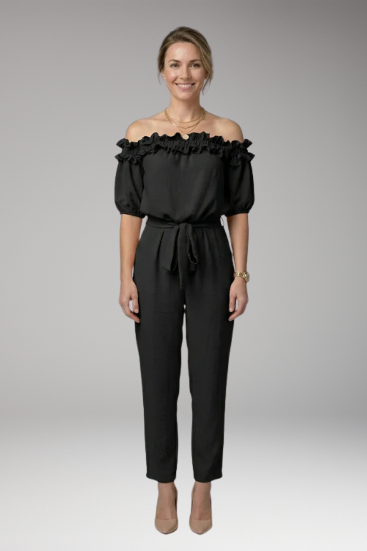 Women's Stylish Off-Shoulder Jumpsuit with Tie Waist and Pockets