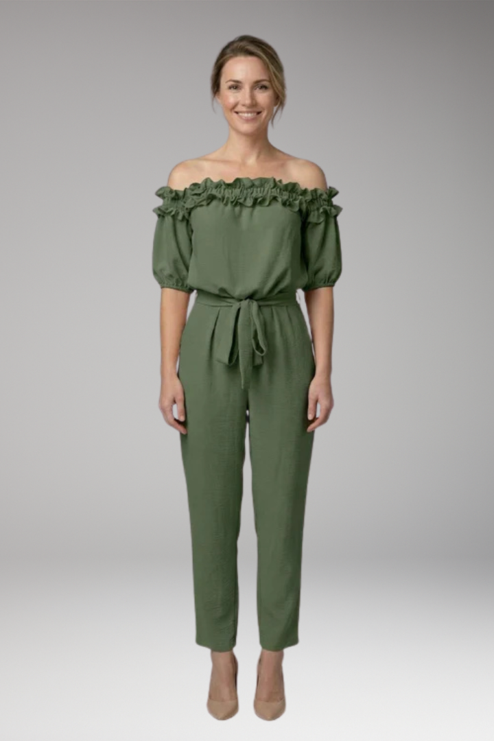 Women's Stylish Off-Shoulder Jumpsuit with Tie Waist and Pockets