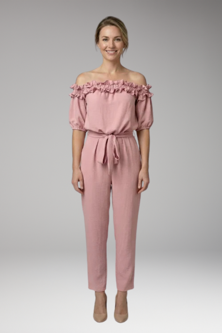 Women's Stylish Off-Shoulder Jumpsuit with Tie Waist and Pockets