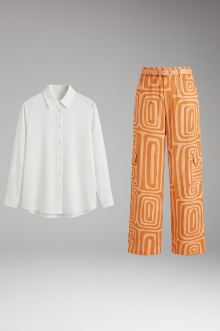 Women's Stylish Set with Button-Down Shirt and Printed Wide-Leg Pants